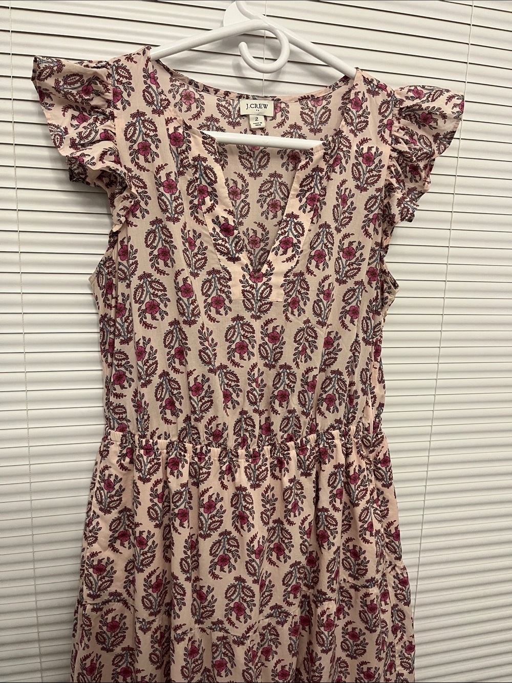 J. Crew Cream Floral Flutter-Sleeve Midi Dress with Pink & Brown Print